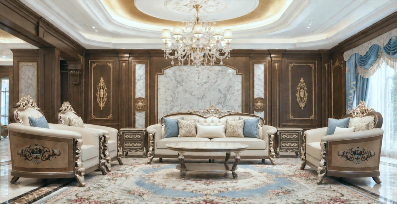 Ivory sofas and armchairs with decorative frames, blue cushions and an oval coffee table